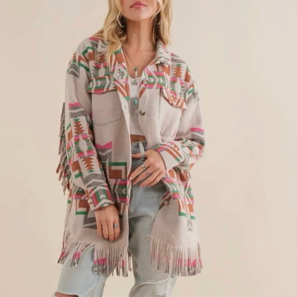 Colorful Fringe Jacket blue b Aztec - Picture 1 of 3